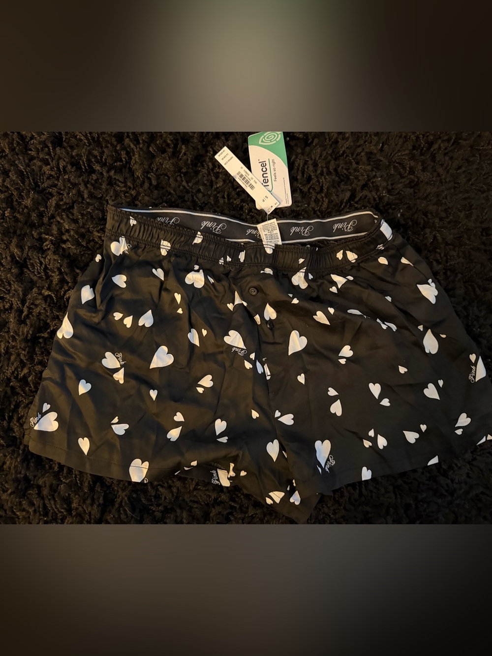 PINK Victoria's Secret Black Boxer Shorts with White Heart Print